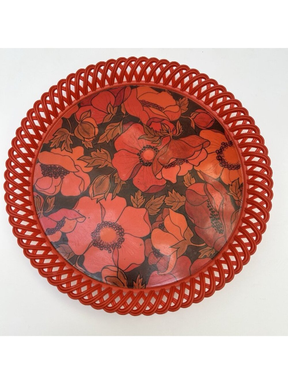Vintage Biodrak Serving Tray Poppy Floral MCM Mid-Century Modern Orange Lattice